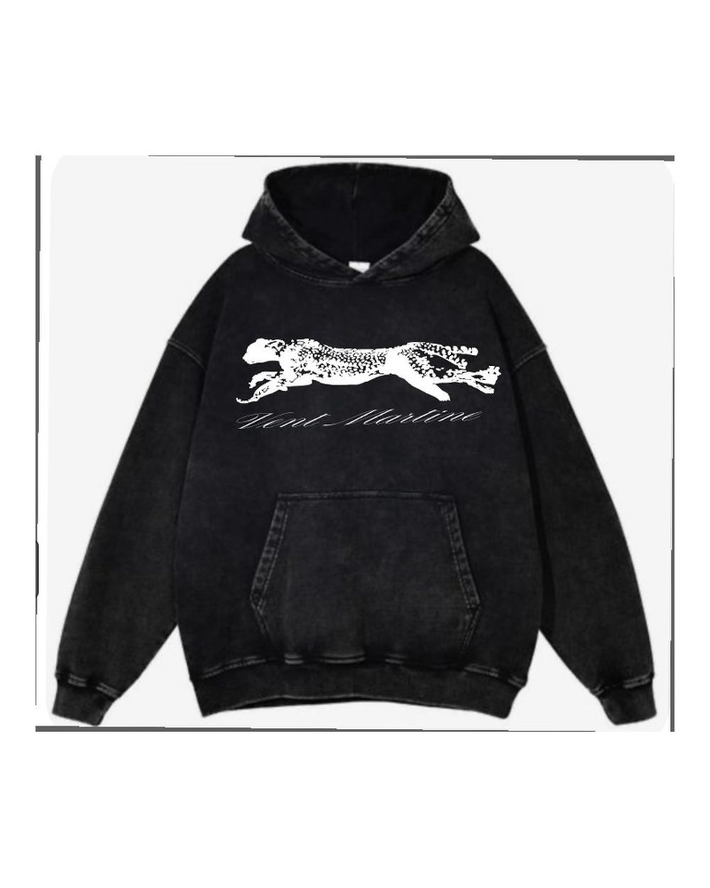 Vent Martine Original Hoodie in Acid Washed Noir, front view with white cheetah graphic